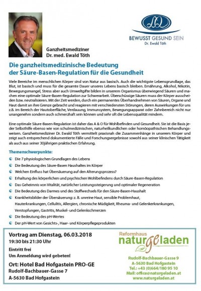 Einladung: Vortrag Dr. med. Etwald Töth - Der Einfluss der Säure/Basen-Regulation auf Gesundheit und Wohlbefinden 